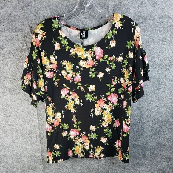Agnes & Dora Frill Sleeve Top Women's Size S Black Floral - Picture 1 of 3